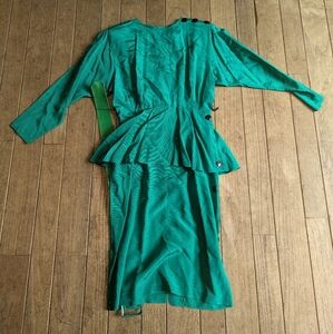 Vintage Women's Clues Collection Petite Elegant Green Button-Detail Dress Sz 3/4